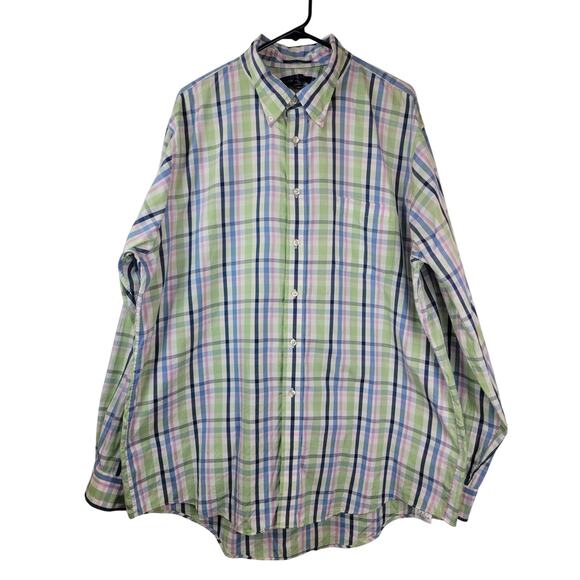Lands End Men's Washed Pinpoint Colorful Plaid Button Up Green Pink Blue Sz XL - Picture 1 of 9